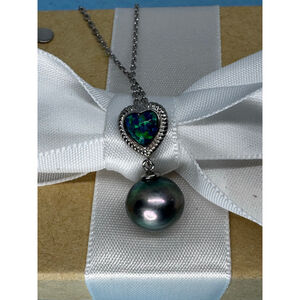Black Pearl With Small Opel Heart on Sterling Silver Chain